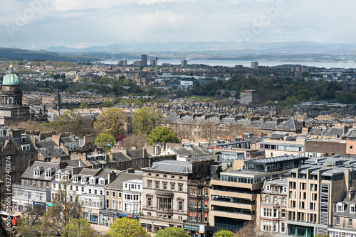 View of the Princes street from the Edinburgh castle hill, Scotland. 