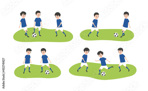Boys playing soccer game together. Junior football. Vector flat style cartoon illustration.