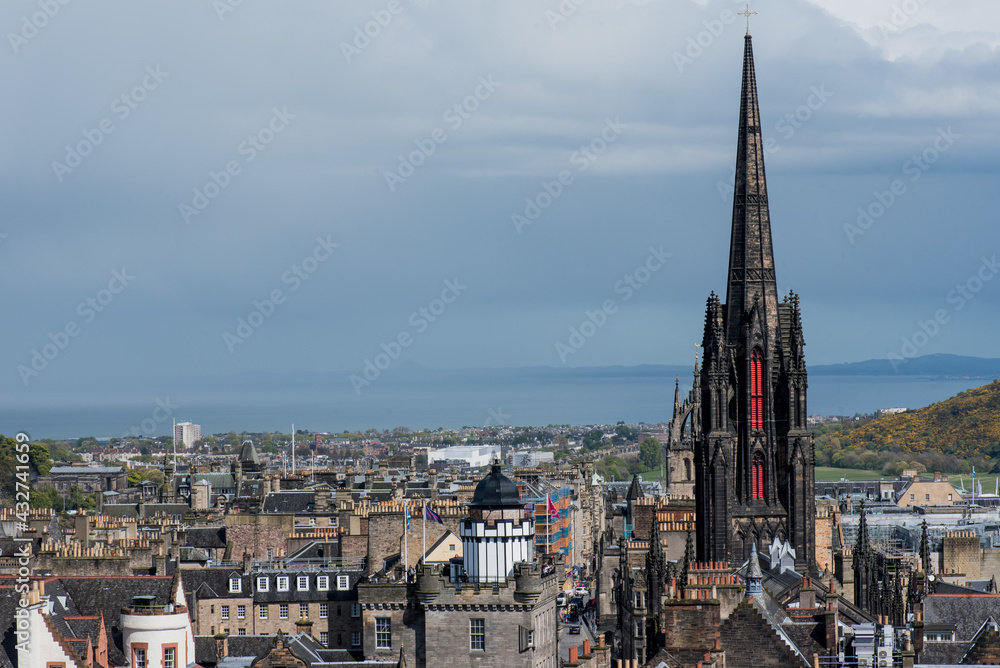 City view and gothic building called 'The Hub' in Edinburgh, Scotland.