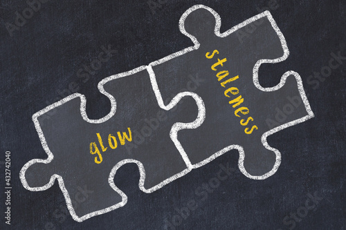Ploblem solving. Chalk sketch of two puzzles with words glow and staleness photo