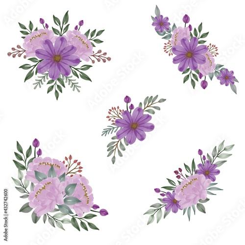  purple flower frame for greeting and wedding invitation. set watercolor floral in purple . vector design 