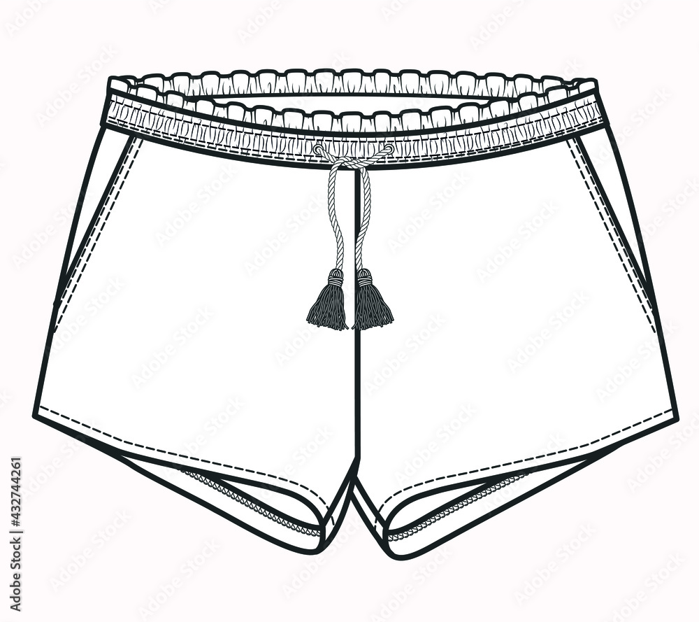 Short pants flat sketch. Technical drawing of shorts for girls