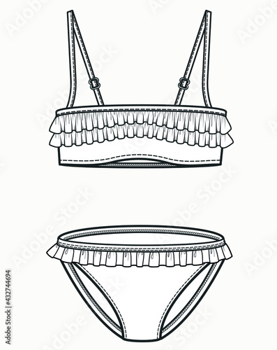 Bikini fashion flat sketch.  Frilly bikini Technical drawings vector templete