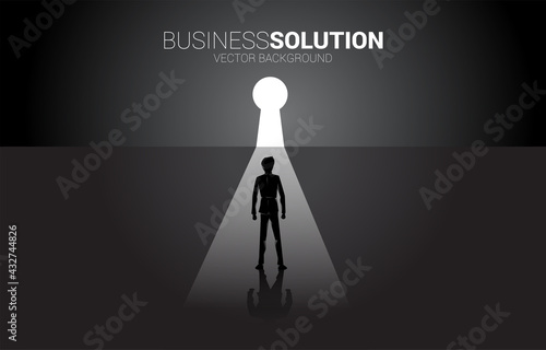 silhouette of businessman ready to move out to key hole door. Find the solution concept vision mission and goal of business