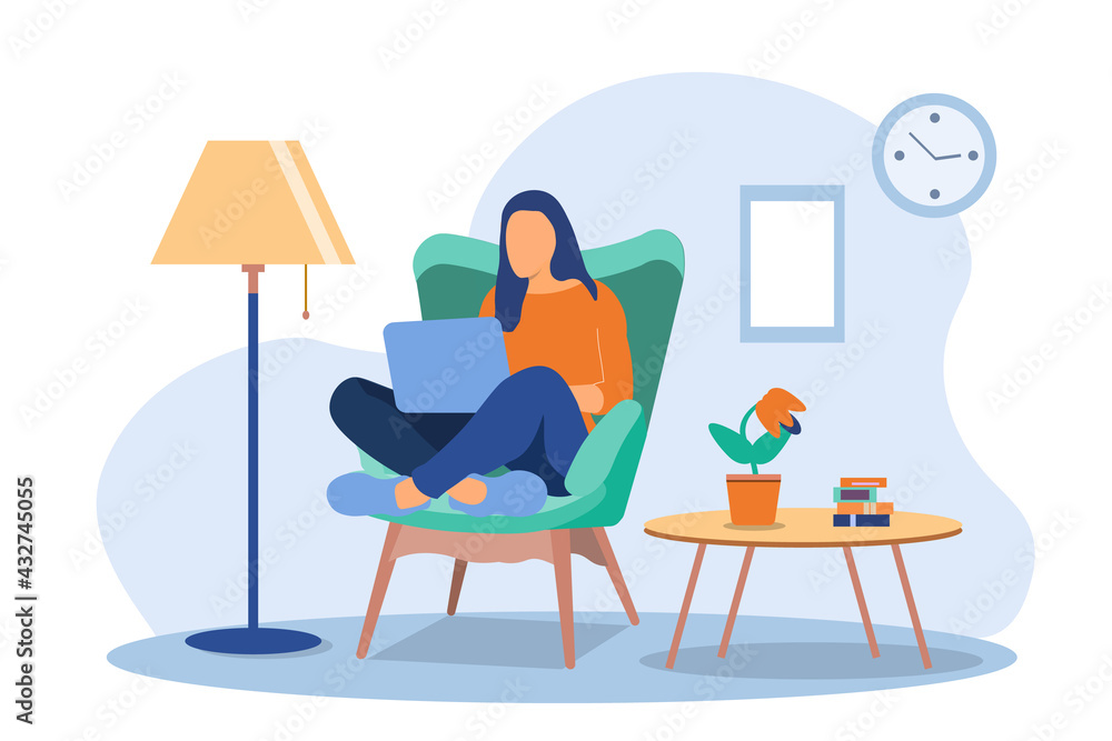 Fototapeta premium Girls working at home. Young woman sitting on a chair and using laptop. Freelance, self employed, freedom, in living room. EPS