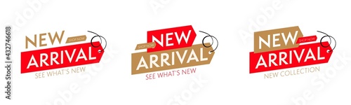 New arrival tag for shop goods, fashion collection set. Renewed assortment merchandise promotion. Special badge with newest item advertising. Retail shopping marketing. Vector illustration