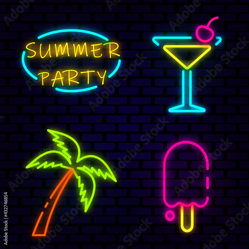summer beach party neon icons isolated