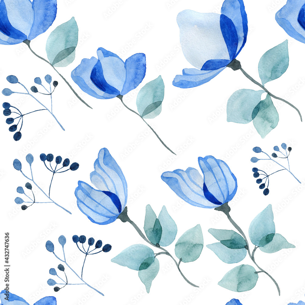 Watercolor blue transparent flowers on a white background seamless ...