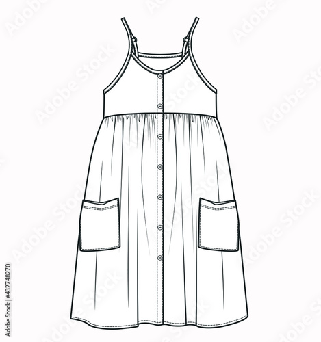 DRESS, Fashion Flat Sketches, Apparel Design Template for girls. Fashion dress flat illustration for girls. Technical drawing of the dress. GIRLS CLOTHING FASHION FLAT DRAWING