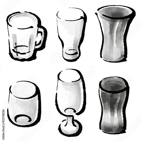 イラスト素材：空のグラス　カラーイラスト　セット