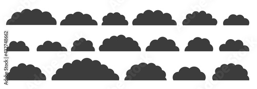 Black flat vector cloud set. Clouds cartoon symbols on white background for web site design, logo, app. Bubble icon collection for infographic design. Label and stickers