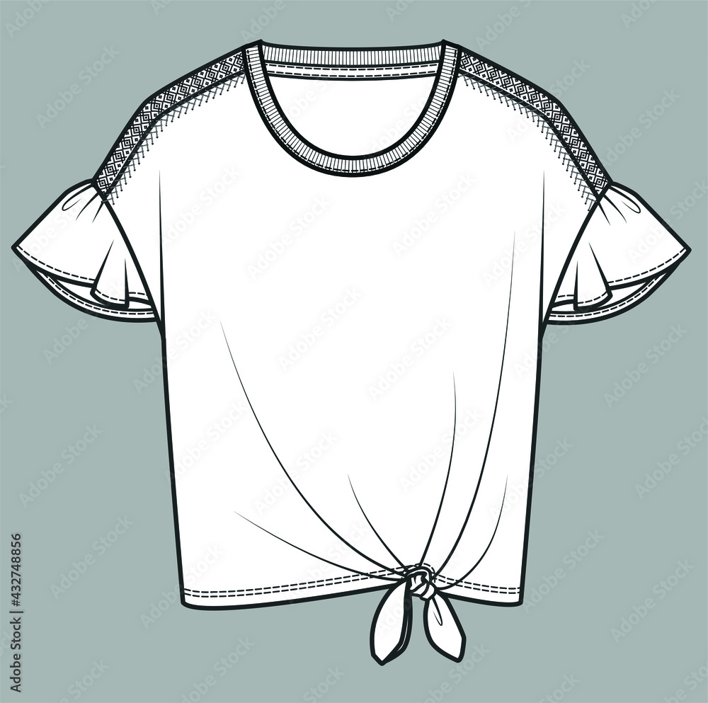 Knot detail t shirt fashion drawing for girls. Girls clothes flat sketch Knot detail t shirt fashion drawing for girls. Girls clothes flat sketch