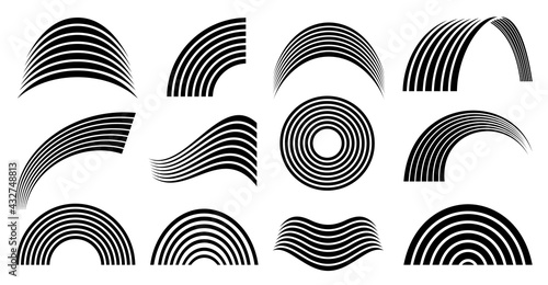 Monochrome black and white rainbow for coloring book for child. Rainbows vector flat symbols isolated on a white background. Spectral shapes.Circle, wave, and half of the mold