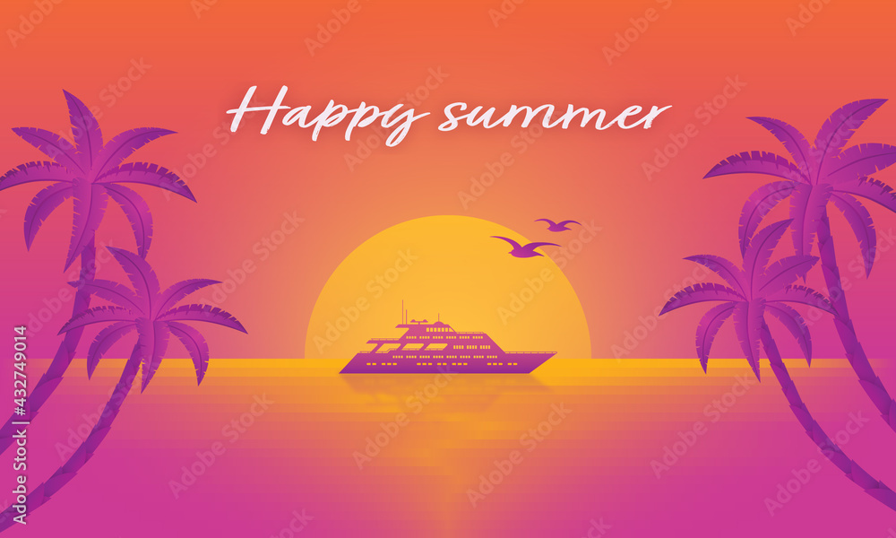 Sunset landscape in retro style with happy summer message. Palm trees on the beach with a cruising boat front of the sun.