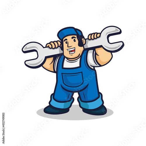 man with wrench. repairman with hat. logo character vector illustration	
