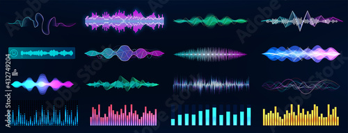 Sound waves and voice records collection. Futuristic Frequency audio waveform and music wave. Voice and sound recognition in HUD style.
Graphic set audio waves, equalizer, and flow music. Vector