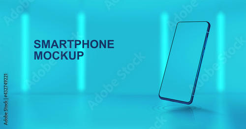Studio background with 3D smartphone mockup in perspective position. Realistic mobile phone illustration with blank screen. Presentation smartphone in futuristic style and colors. Vector Mockup
