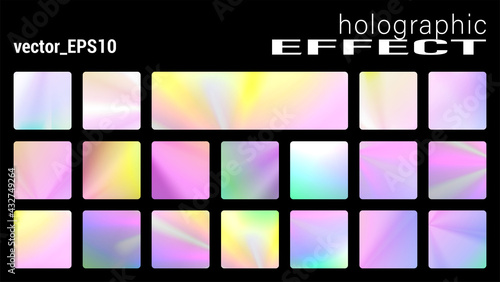 Holographic glitter texture collection, Trendy discs backgrounds with ultraviolet Metallic effect. Holographic texture set for posters, stickers, flyers, invitations. Pastel neon rainbow. Vector set