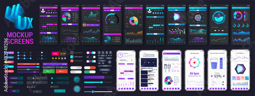 Graphic big collection UI, UX, KIT elements. App screens mockups on the topic - business analytics, health, sports, financial exchange trading, banking. UI set for Mobile Phone and Web design. Vector