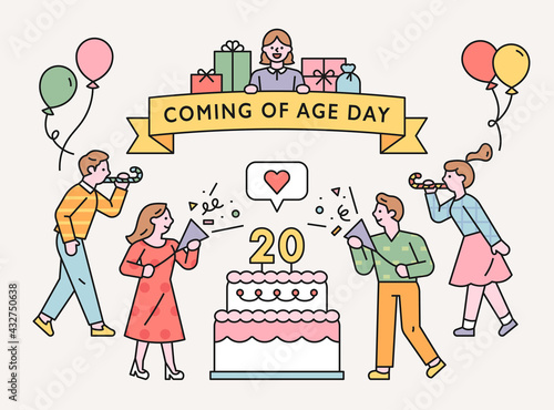 People are celebrating around a giant cake. flat design style minimal vector illustration.