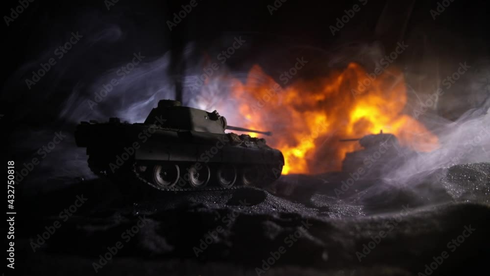 War Concept. Military silhouettes fighting scene on war fog sky background, World War Soldiers Silhouette Below Cloudy Skyline At night. Armored vehicle fight scene. Selective focus War Concept. Military silhouettes fighting scene on war fog sky background, World War Soldiers Silhouette Below Cloudy Skyline At night. Armored vehicle fight scene. Selective focus