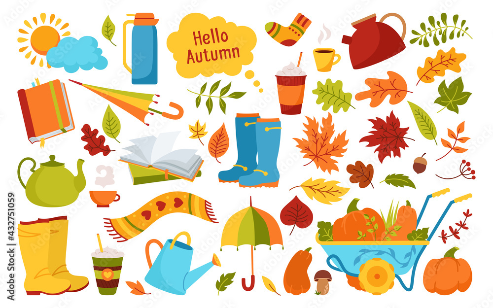 Autumn hand drawn trendy cartoon set. Rural flat rustic fall leave, book and coffee, umbrella, doodle cup drink sticker icons collection. Kettle, sock, pumpkin autumn clip art web card vector poster