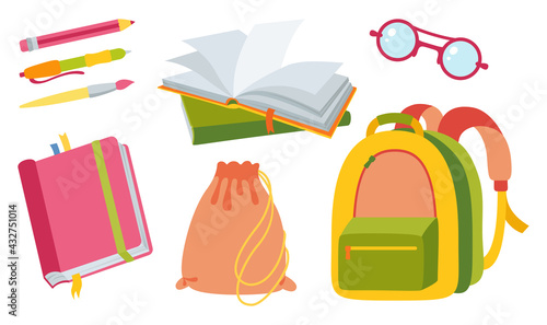 Stationery hand drawn cartoon set. Open paper book and backpack. Notepad, pen brush sketchbook and glasses flat collection. Office stuff, learning school. Education concept kit. Back to School vector