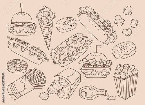 Fast food hand drawn vintage set. Doodle donut hot dog, hamburger, potato, nuggets ketchup and popcorn icons. Menu card fast food. Cheeseburger, beverage. Vector decoration elements cafe, menu, bar