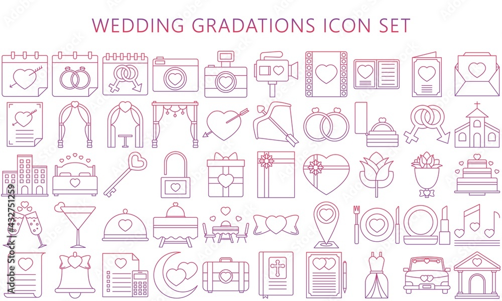 Collection of wedding thin line gradations icons set, include decorations, invitation, heart, love and others. Used for modern concepts, web and apps. eps 10 ready convert to svg Collection of wedding thin line gradations icons set, include decorations, invitation, heart, love and others. Used for modern concepts, web and apps. eps 10 ready convert to svg