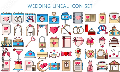 Collection of wedding lineal icons set, include decorations, invitation, heart, love and others. Used for modern concepts, web and apps. eps 10 ready convert to svg