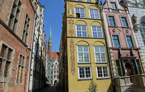 Narrow street with historic tenement, Gdansk, Poland