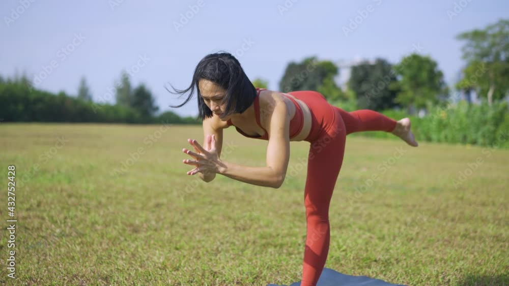 single asian chinese female yogi yoga on morning green garden meadow single asian chinese female yogi yoga on morning green garden meadow