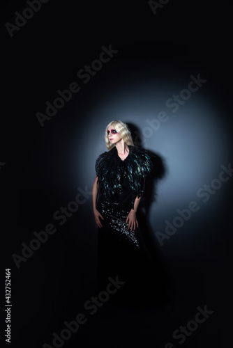beautiful young woman with black saturated makeup in a beautiful black dress on a black background in the spotlight
