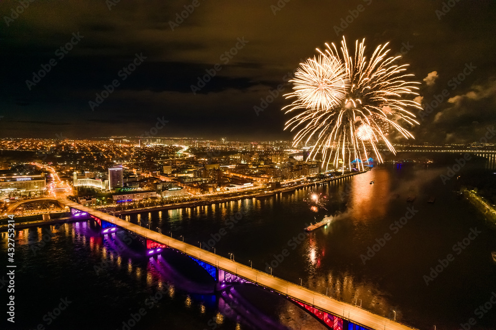 Fototapeta premium festive fireworks in honor of the Victory Day celebration, aerial footage