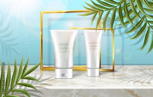 Vector summer beauty cosmetics banner advertisement with palms ans cream bottles with sunshine spots and golden frame.