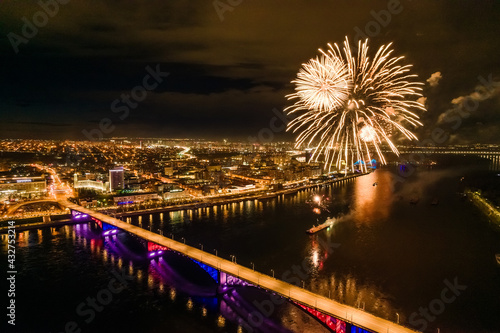 festive fireworks in honor of the Victory Day celebration, aerial footage © evgenii_v