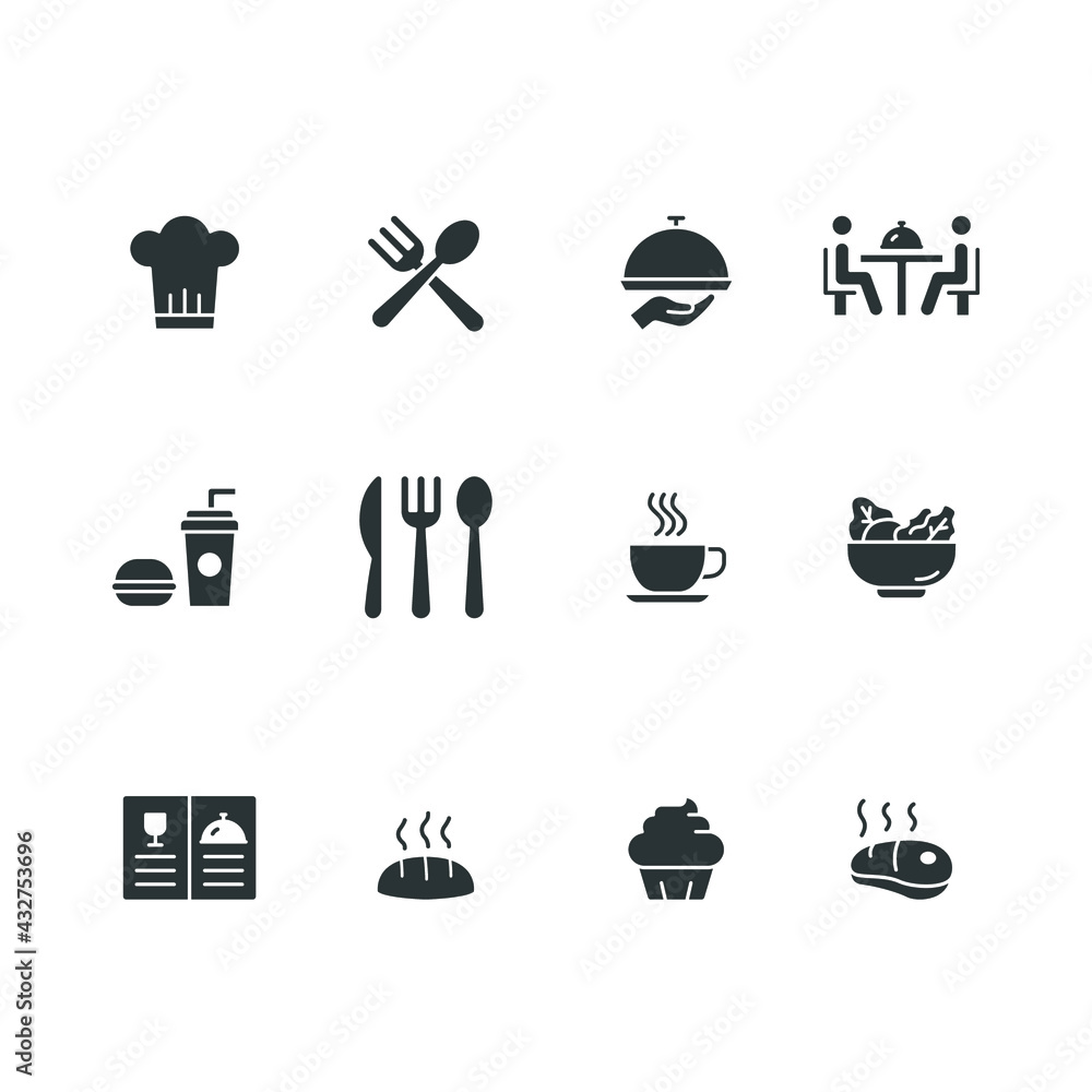 Restaurant food icon set. Simple solid style. Eat, kitchen, table, plate, chef, dinner, dish, drink, hot, food and beverage concept. Vector illustration isolated on white background. EPS 10.