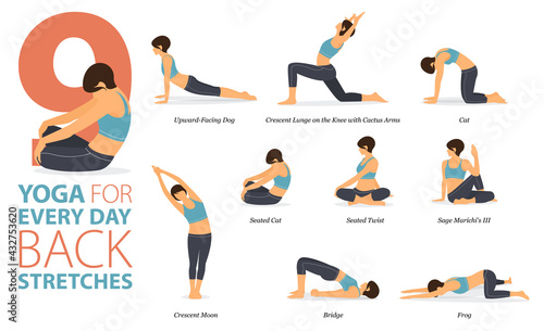 9 Yoga poses or asana posture for workout in Yoga for Back Stretches concept. Women exercising for body stretching. Fitness infographic. Flat cartoon vector