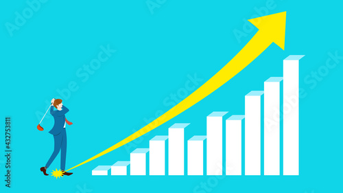 Businessman golf shot and bar graph rising to the right. Profit growth or income increase concept.