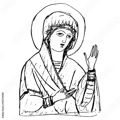 Russian orthodox icon of Virgin Mary. Christian female saint woman. Traditional style. Blessing gesture. Hand drawn linear rough sketch. Black silhouette on white background.