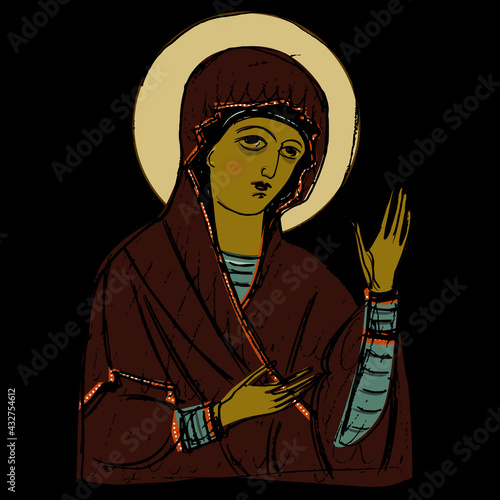 Russian orthodox icon of Virgin Mary. Christian female saint woman. Traditional style. Blessing gesture. Hand drawn art.