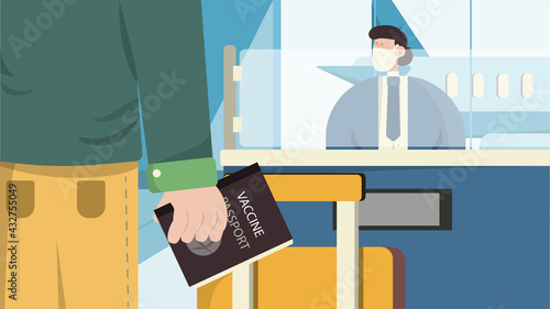 Scanning for vaccine pass at airport ticket counter. Vaccine passport access control concept.
