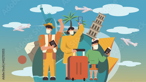 Family travel on vacation with vaccine passport. Vaccine passport access control concept.