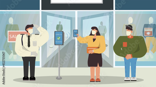 Scanning for vaccine pass at mall entrance. Vaccine passport access control concept.