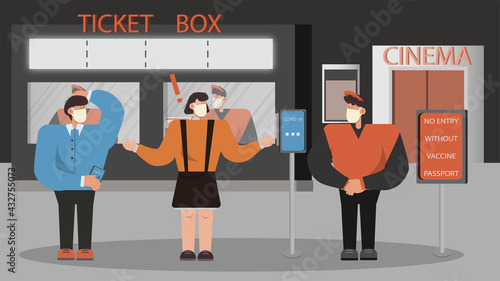 Scanning for vaccine pass at cinema. Vaccine passport access control concept.