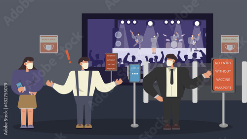 Scanning for vaccine pass at concert. Vaccine passport access control concept.
