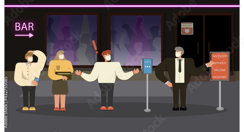 Scanning for vaccine pass at night club. Vaccine passport access control concept.