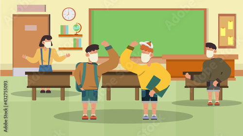 New Normal elbow bump at school, with protective mask.