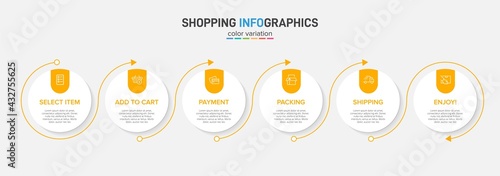 Concept of shopping process with 6 successive steps. Six colorful graphic elements. Timeline design for brochure, presentation, web site. Infographic design layout.