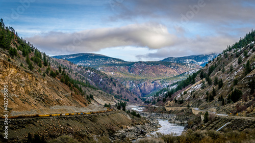 The Thompson River as it flows through the Coastal Mountains along the Fraser Canyon Route of the Trans Canada Highway in British Columbia, Canada